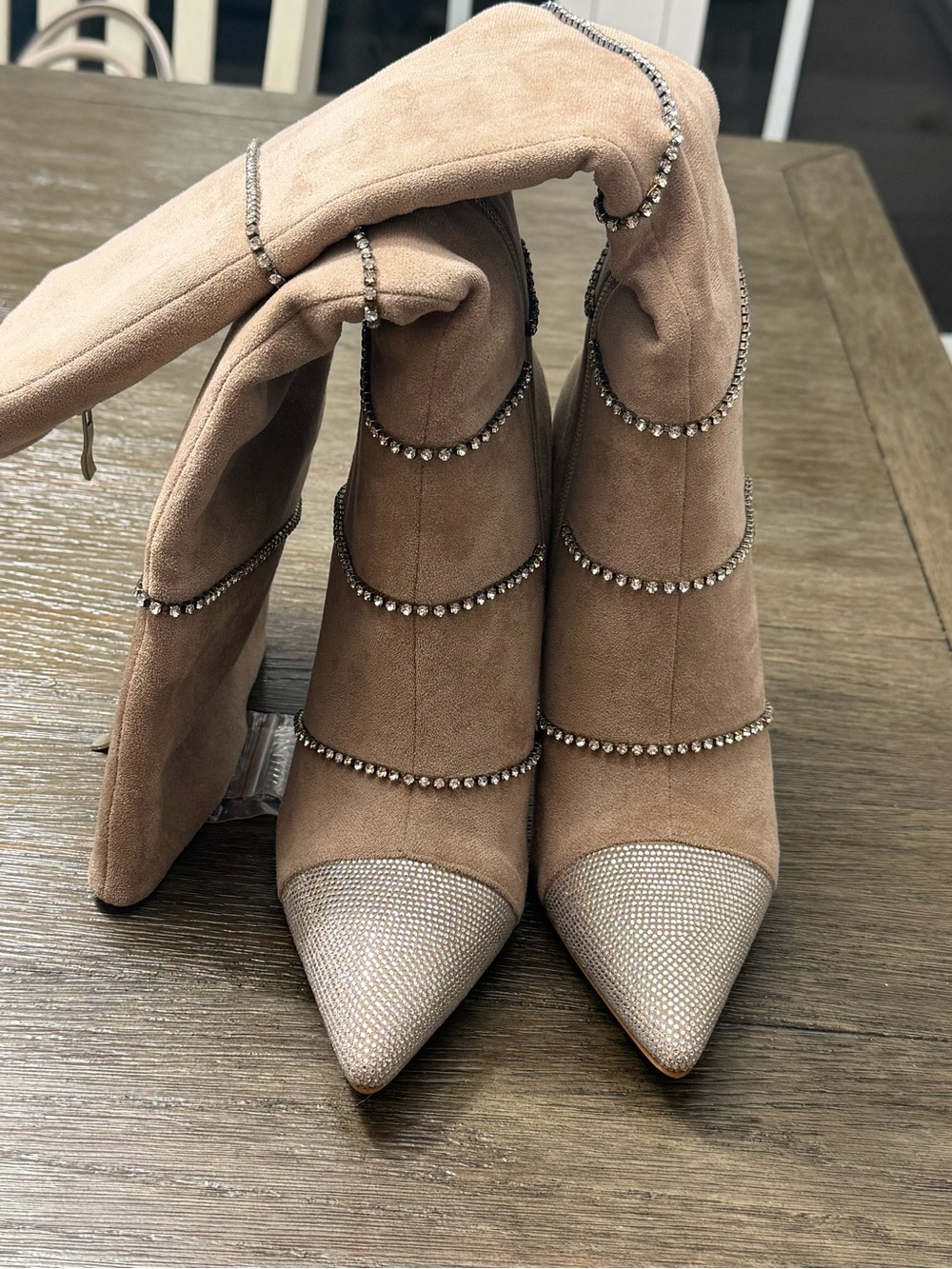 Crystal-Trim Suede Pointed-Toe Heeled Boots in Taupe